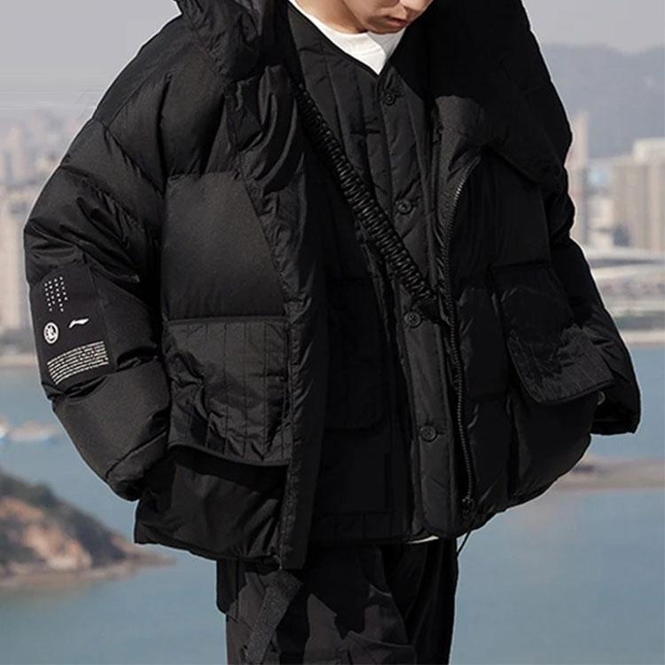 Li Ning X Jackie Chan Kung Fu Series Irregular Zipper Solid Color Hooded White Duck Down Jacket Men Jacket Black AYMR215-2