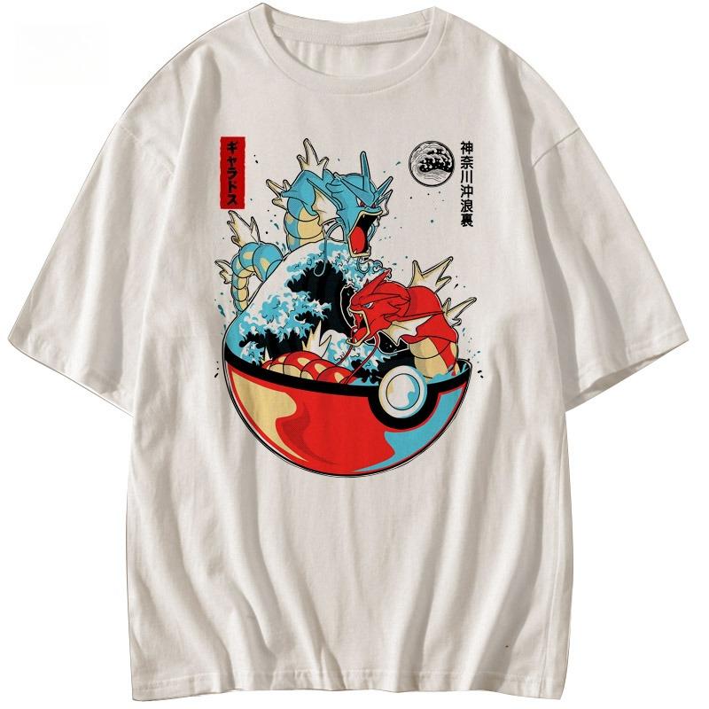 Pokemon Animated Print Retro Meg Wave Shortsleeved Pure Cotton Loose Tshirt for Men and Women A New Trendy Summer Shirt