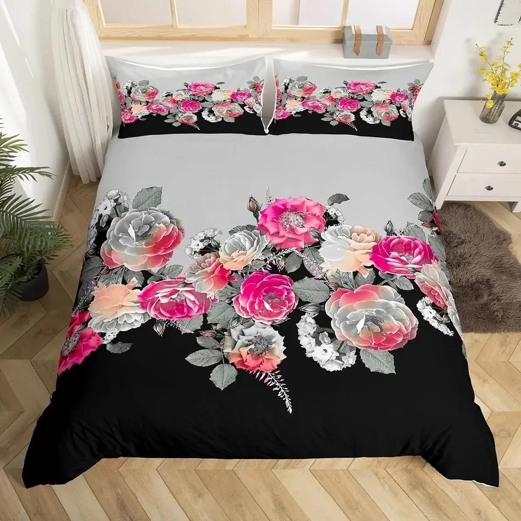 Rosen Bettbezug Set Rote Rose Floral Bettwäsche Sets Blume Schmetterling Bettdeckenbezug für Frauen Modern Fashion Marmor Steppdeckenbezug