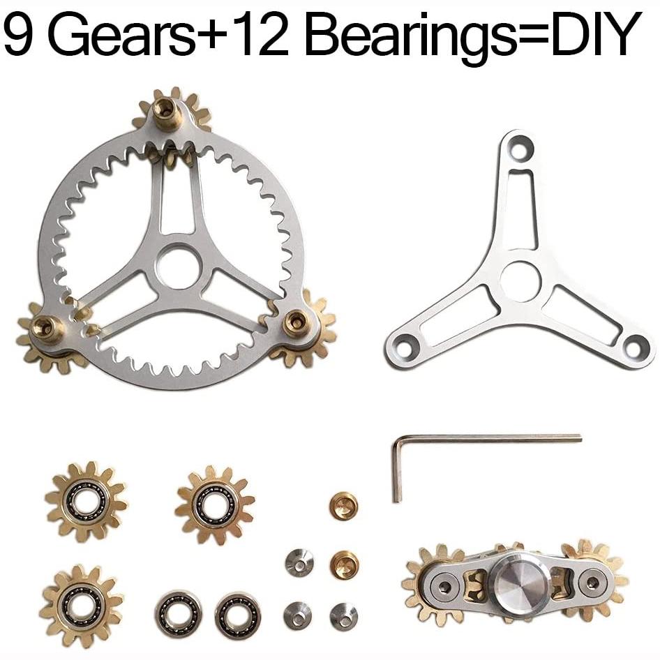 Pure Brass Fidget Spinner Gears Linkage Fidget Gyro Toy Metal DIY Hand Spinner with Multiple Premium Bearings (12 Bearings White)