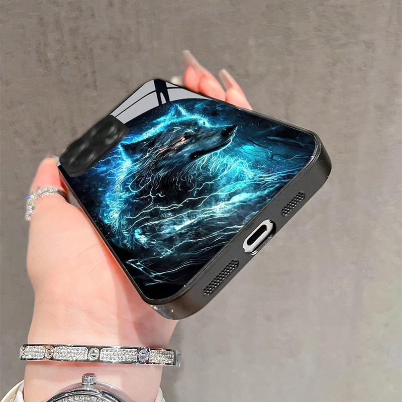 Gradient Blue Flame Wolf Pattern Tempered Glass Phone Case For iPhone 17 16 15 14 13 12 11 Pro Max 17Air 16E 7 Plus XR XS Cover