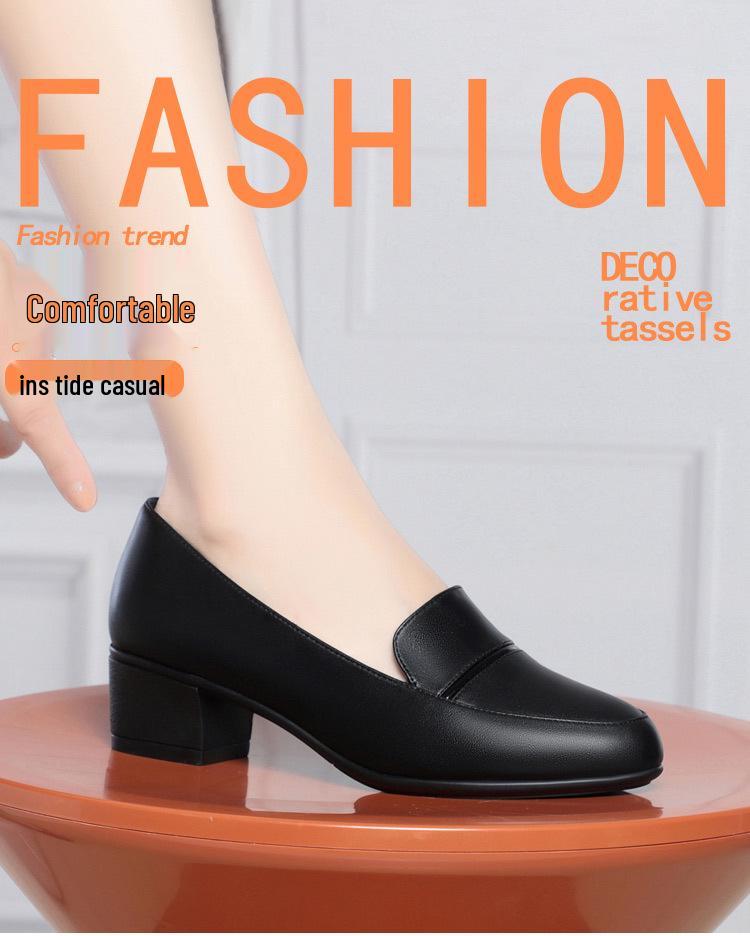 2025 Spring/Autumn Comfortable Soft Leather Chunky Heel Shoes for Women - Versatile for Middle-Aged and Elderly