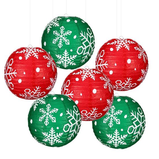 Snowflake Paper Lantern Red Green Christmas Hanging Round Lantern Decoration for Indoor Outdoor Decor Holiday Party Supplies