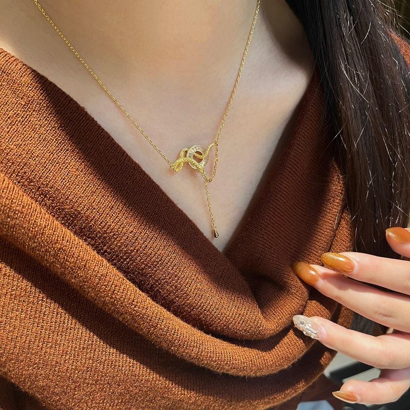 Snake Golden Spirit Snake Wrapped White Chalcedony Safety Buckle Necklace Natal Snake Sweater Chain Spirit Snake Ring