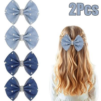 2Pcs Denim Bow Hair Clips Chic Elegant Vintage Pearl Boho Hairpin For Girls Women Kids Y2k Daily Hair Accessories Gift Ornament