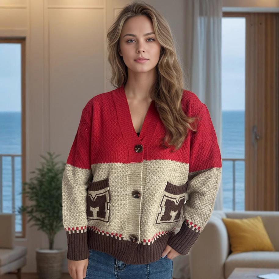 New Knitted Cardigan Autumn Edition Color Blocked Women's Sweater Jacket, Loose Casual Top for Outer Wear 3522