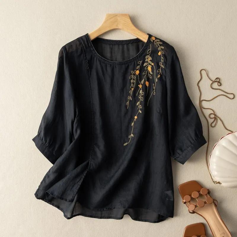 Female Summer Temperament Retro Embroidery Cotton and Linen T-shirt Loose Ageing Casual Skinny Tops