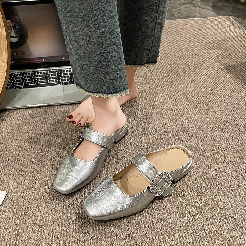 Fashion 2025 New Fashion Square Head Rhinestone Buckle Strap Sexy Slingback Sandals Women Pumps Slippers Low Square Heels Banquet Shoes
