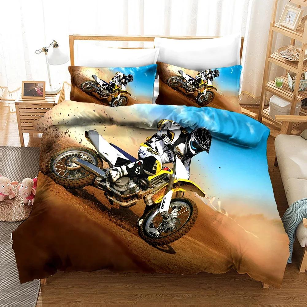Luxury Bedding Set Motorcycle Print Queen Size Duvet Cover Set with Pillowcase Motocross Bedspread Boy's Bed Set for Home Decor