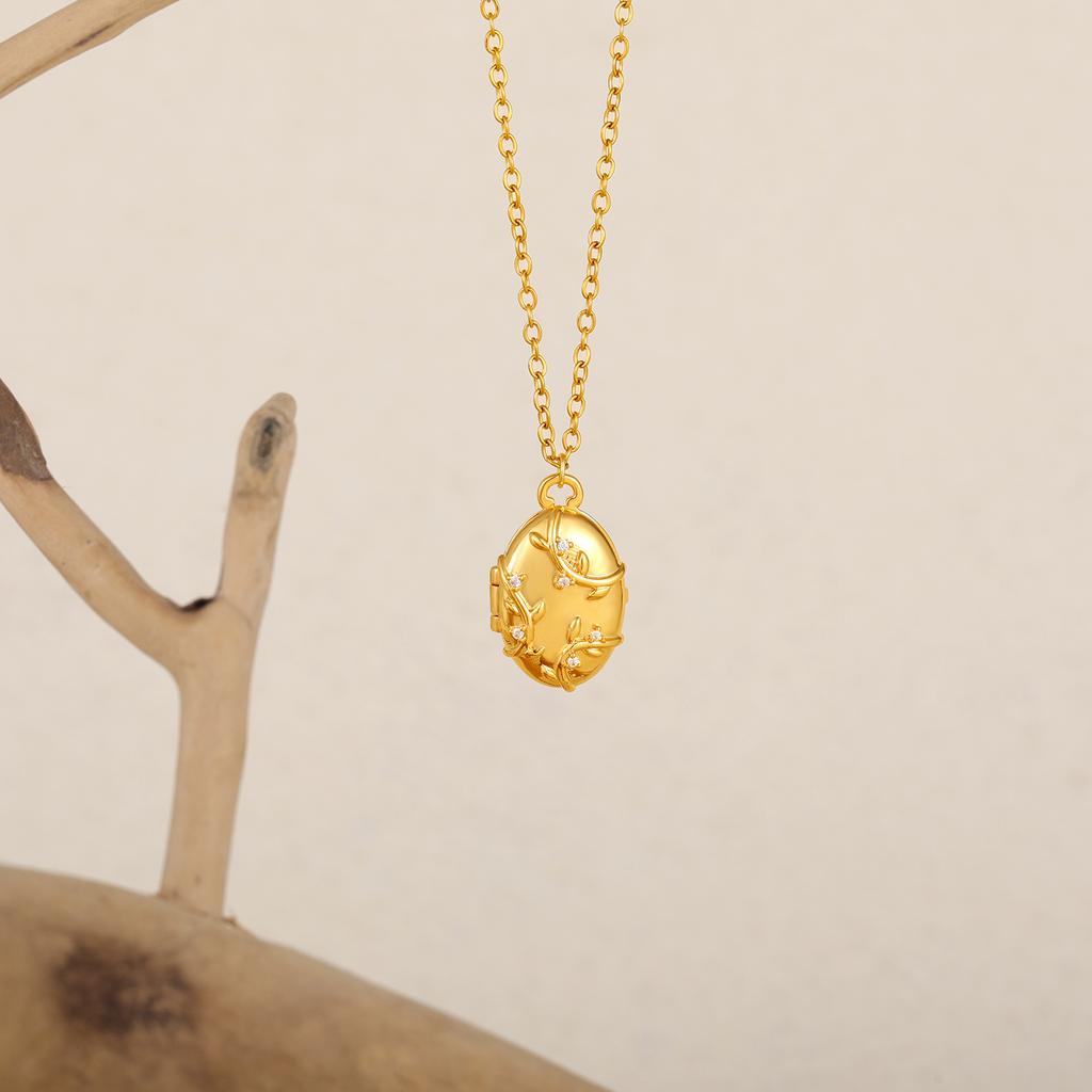 Fashion Vine Leaf CZ Zircon Oval Pendant Open Photo Frame Necklace for Women 18k Gold Plated Chain Trendy Charm Jewelry