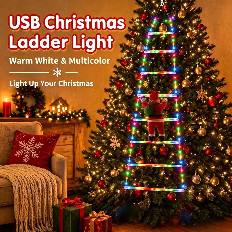 Weihnachtsbeleuchtung USB Leiter Lichterkette 6/8 Sprossen Weihnachtsmann Kletterdeko 8 Modi für Innen Außen Veranda Fenster Baum Party