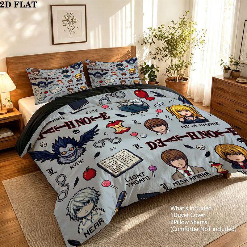 Pościel z Wzorem Death Note Zestaw Kołdra Poszewka na Kołdrę Poszewka na Poduszkę Domowy Prezent Urodzinowy(1 * poszwa na kołdrę + 2 * poszewki na poduszki, bez rdzenia)