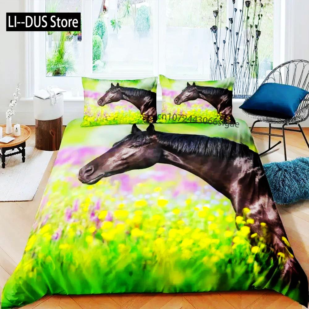 3D-Bettbezug mit Pferd, King- und Queen-Size-Größe, gelbes Sonnenblumen-Bettwäscheset, florales Tiermotiv, Bettbezug, Wildtier-Motiv, weicher Bettbezug