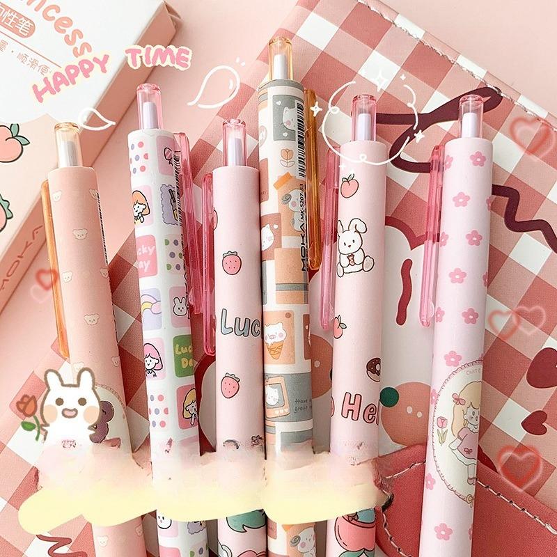 4Pcs Cute Cartoon Design Ballpoint Pen 0.5mm Writing Neutral Pen Press Type Rollerball Pen Learning Office Supplies