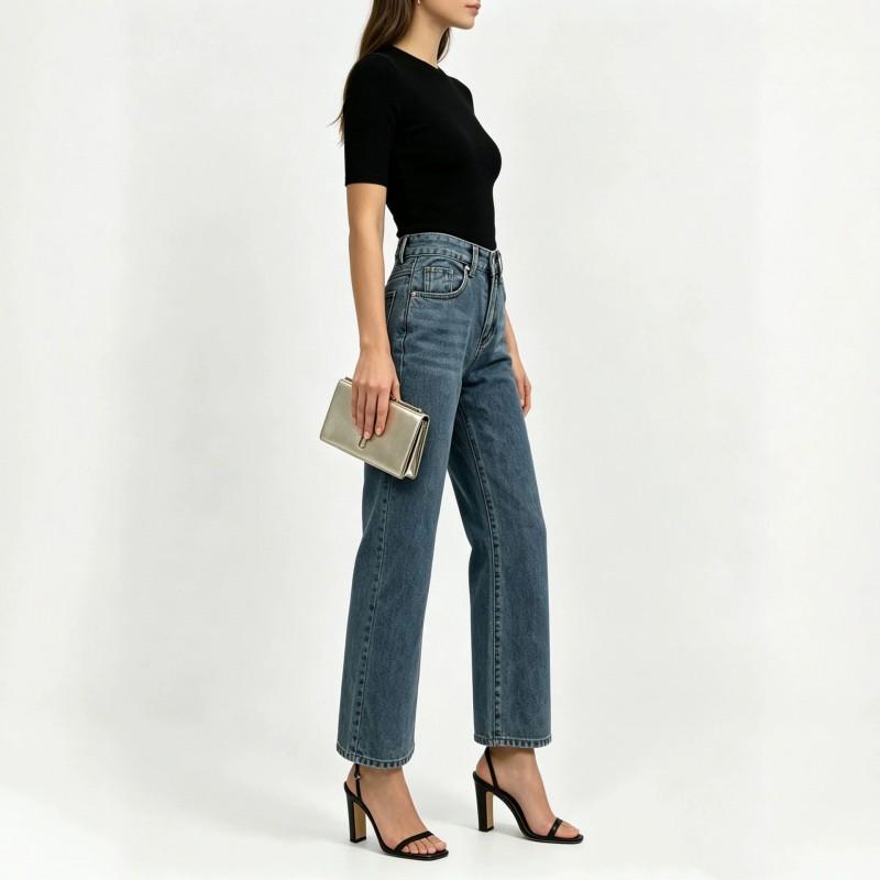 Womens Low Rise Wide Leg Straight Jeans Retro Blue Heart Leopard Casual Denim Pants