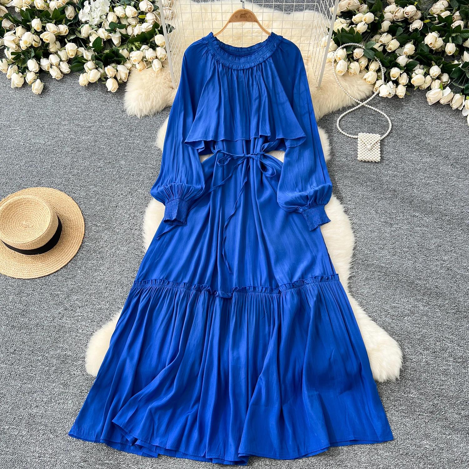 

Элегантные асимметричные платья с оборками в винтажном стиле, с круглым вырезом, шикарные, с длинным рукавом, с кружевной шнуровкой, французские вечерние, для улицы, осенняя одежда One Size синий