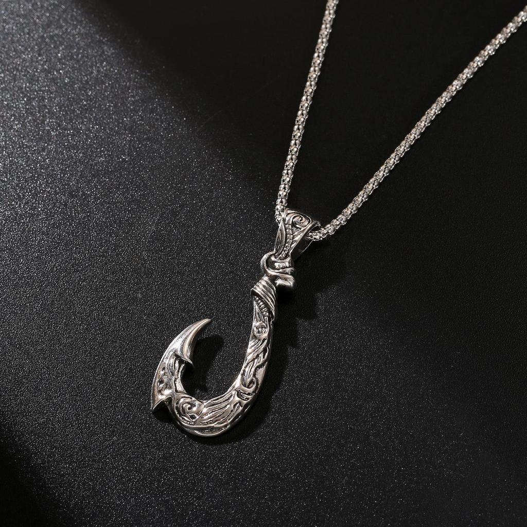 Wave Pattern Fish Hook Pendant - Matte Antique Metal Clavicle Chain