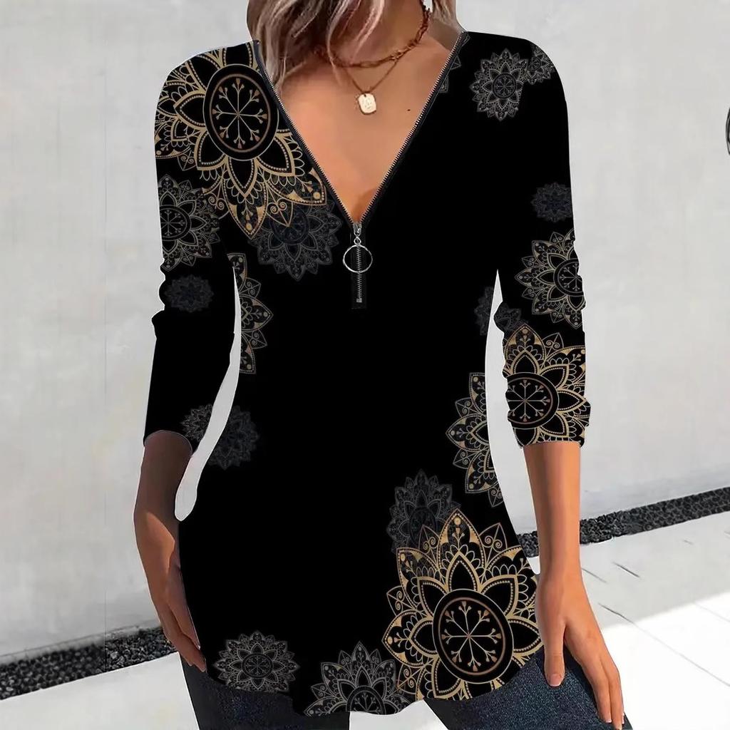 Elegant and Casual Spring and Autumn V-neck Zipper Floral Printed Long-sleeved Women's T-shirts