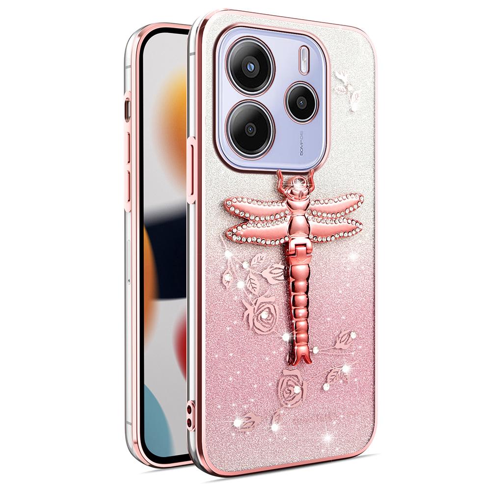 

KADEM For Xiaomi Redmi Note 14 5G Case Dragonfly Kickstand TPU Flowers Glitter Phone Cover Pink