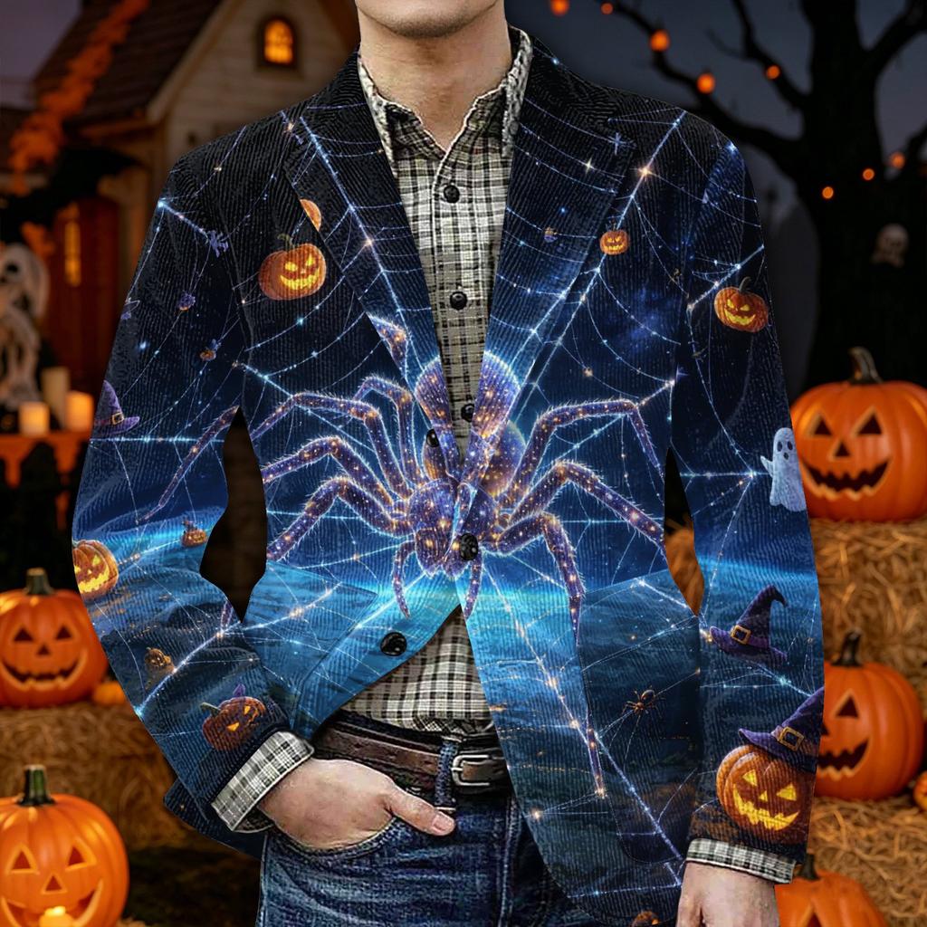 Men's Corduroy Blazer Jacket with Halloween Print Warm Casual Suit Coat with Pockets Comfortable Fit Lightweight Design for Everyday Wear