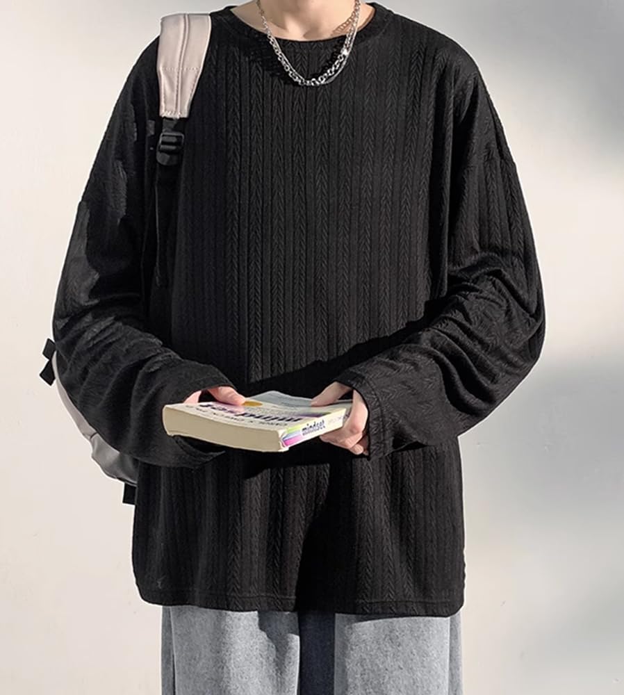 Poperdision Long Sleeve Loose Fit Solid Round Men's T-Shirt, Autumn/Winter Collection, Color, Simple, Stylish, Popular, Casual, Collar, Soft,