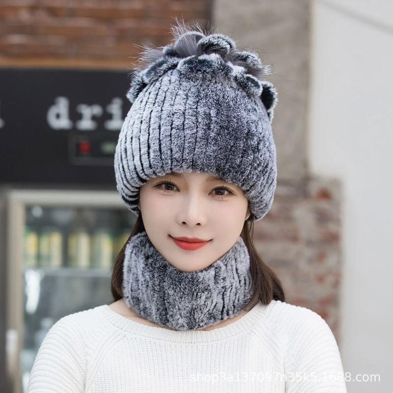 New Rex Rabbit Hair Knitted Hat Women's Autumn and Winter Thickened Ear Protection Warm Elastic Knitted Fur Hat Scarf