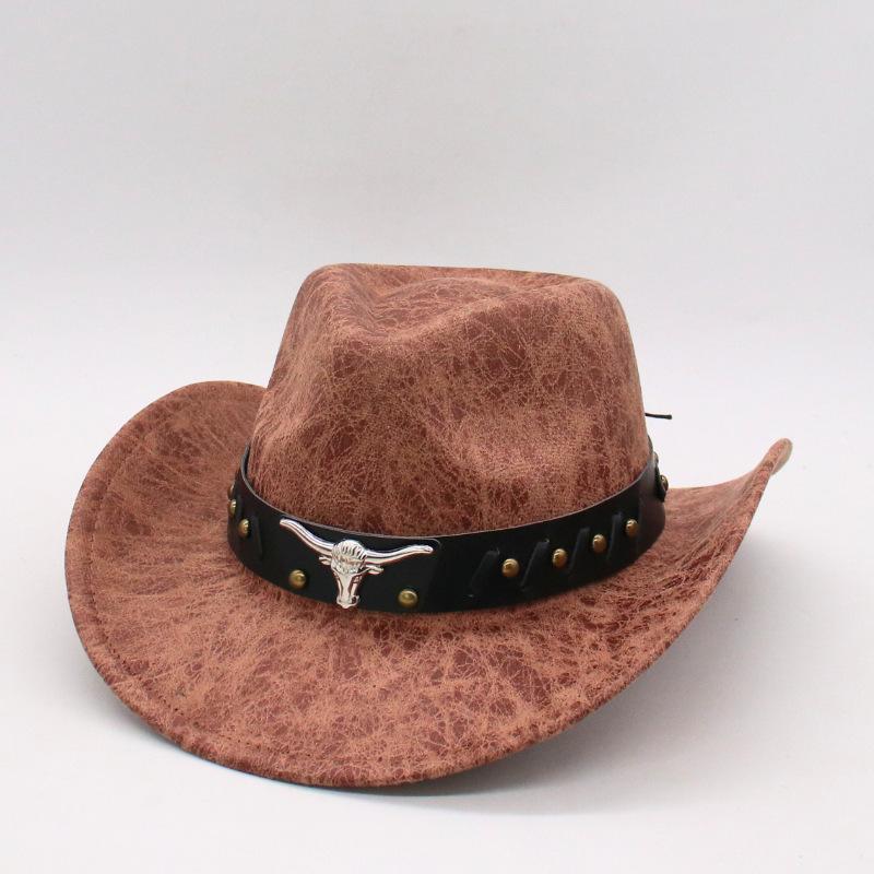 Unisex Pu Leather Western Cowboy Hat Metal Engraved Bull Head Rivet Belt Hat Party Hat