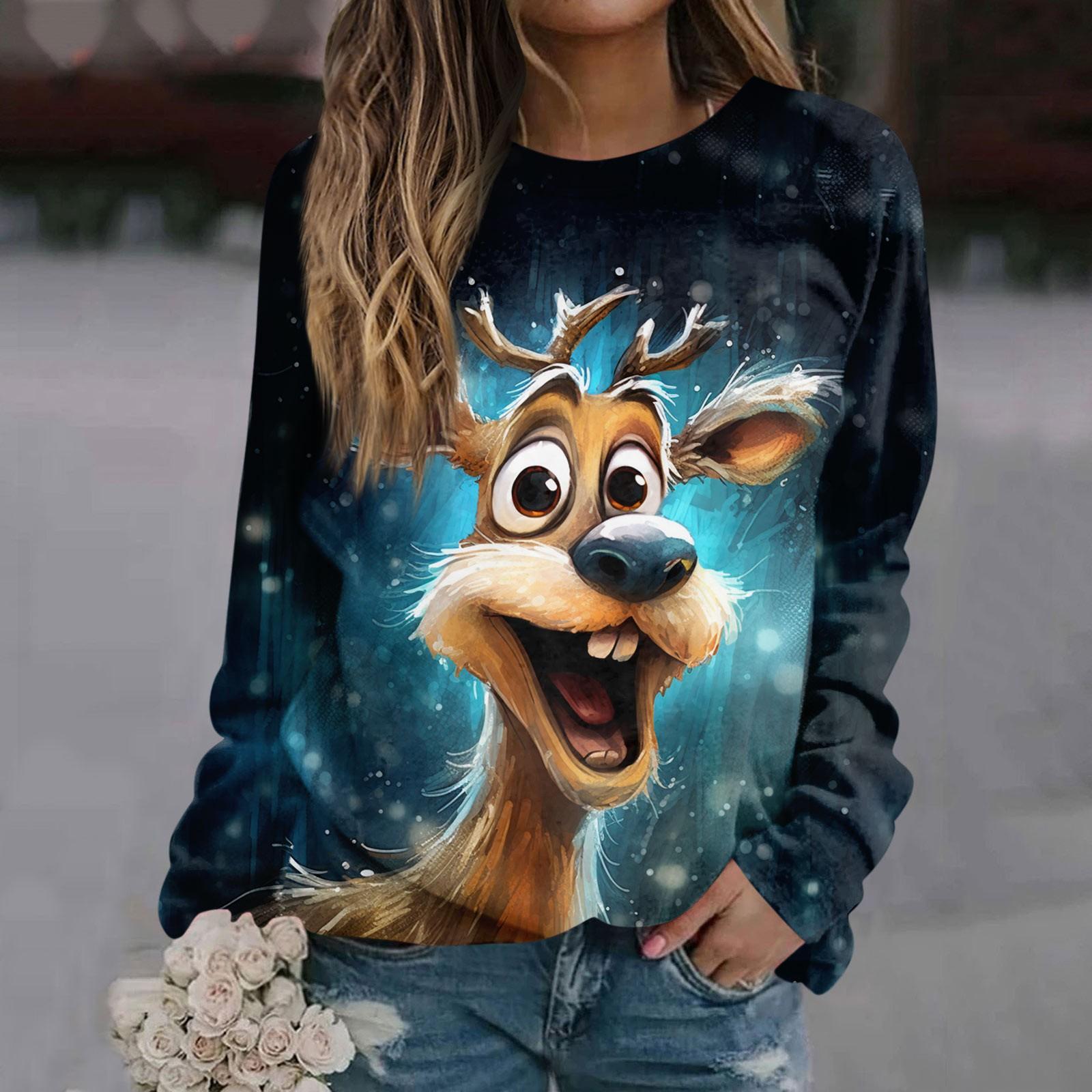 

Женская повседневная модная рождественская печать с длинным рукавом и круглым вырезом, пуловер, верхняя блузка XXL