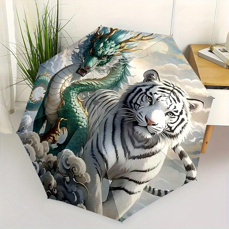 1pc Turquoise Dragon and Snow Tipped Tiger Soaring Through Clouds Automatic Opening and Closing Umbrella - Suitable for Various Occasions, Portab