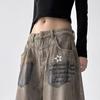 Women's Autumn Post-Apocalyptic Style Wide Leg Jeans - Dirty Dyed Print, Loose Curved Leg, Floor-Length Jazz Pants