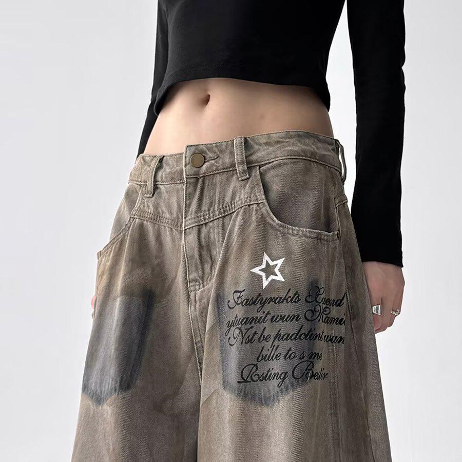 Women's Autumn Post-Apocalyptic Style Wide Leg Jeans - Dirty Dyed Print, Loose Curved Leg, Floor-Length Jazz Pants