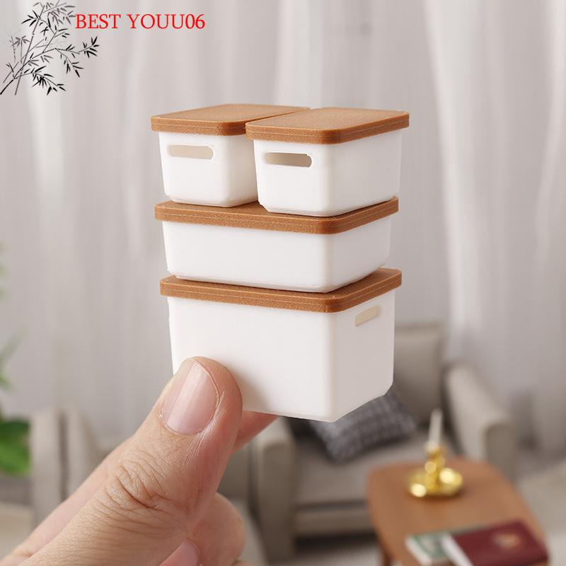 (YOUU06)4 Piezas Mini Caja de Almacenamiento con Tapa 1/12 Casa de Muñecas Caja de Almacenamiento de Comida en Miniatura Modelo Accesorios para Casa de Muñecas Juguete