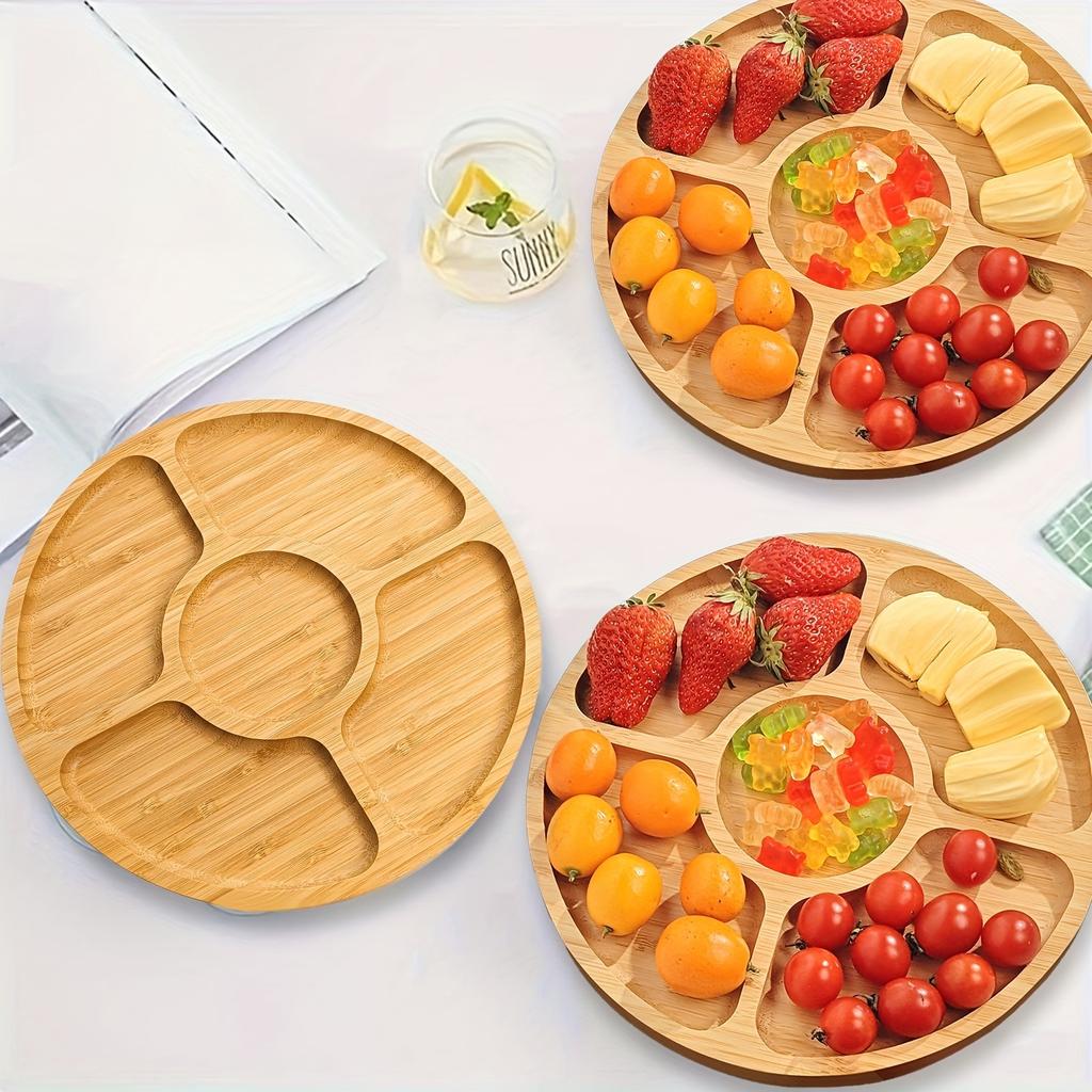 1pc 5-Compartment Bamboo Snack Tray, Food-Grade Storage Plate for Living Room Coffee Table, Suitable for Home Decor