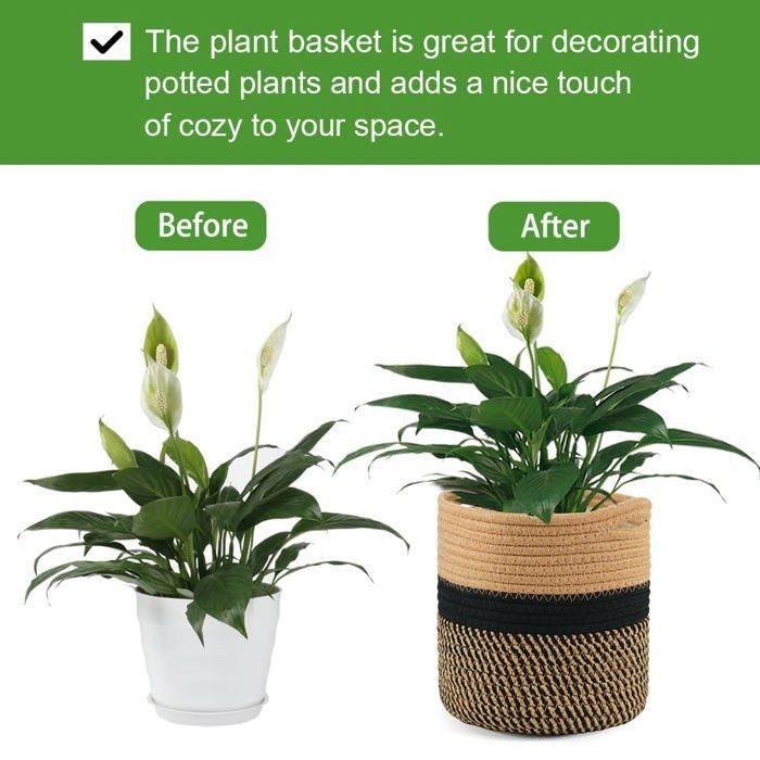Cache-pot tissé coton 20x20 cm avec doublure - Panier rond marron/noir pour plantes d'intérieur