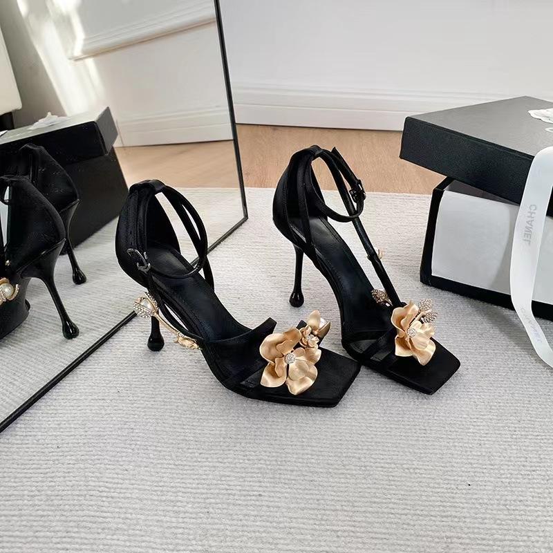 Fashion Elegant Square Toe High Heel Sandals Women's Summer Shoes Metal Flower Decoration High-heeled Sandals Mules Slides
