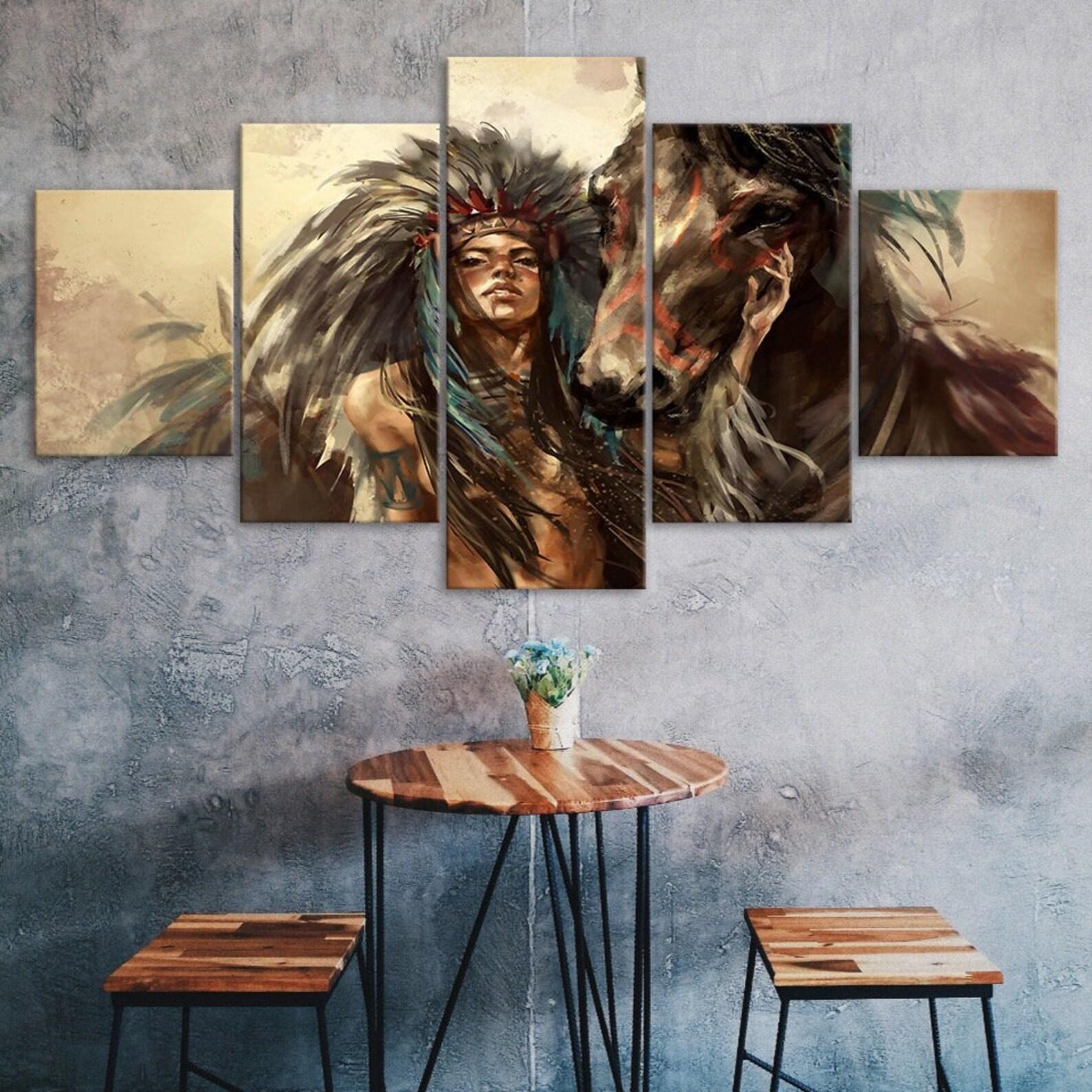 

Native Indian Women Horse Painting Scene 5 Piece Five Panel Wall Canvas Print Modern Art Poster Picture Home Decor Gift For Him For Her 20X35 20X45 20X55CM