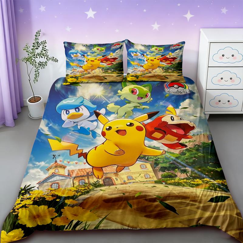 Pikachu Bedding Set Cartoon Anime Children Bedroom Quilt Cover Boy Girl Bedclothes Single Double King Duvet Cover Best Gifts