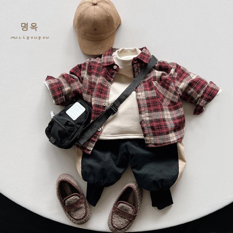 Kids Unisex Fleece Plaid Long Sleeve Shirt Korean Vintage Style Children Shirt