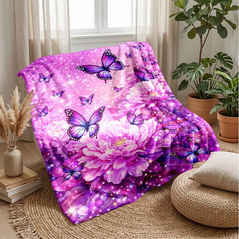Purple Butterflies and Roses Theme Blanket Lightweight Warm Flannel Blanket Decorative Throw Blanket for Home Decoration