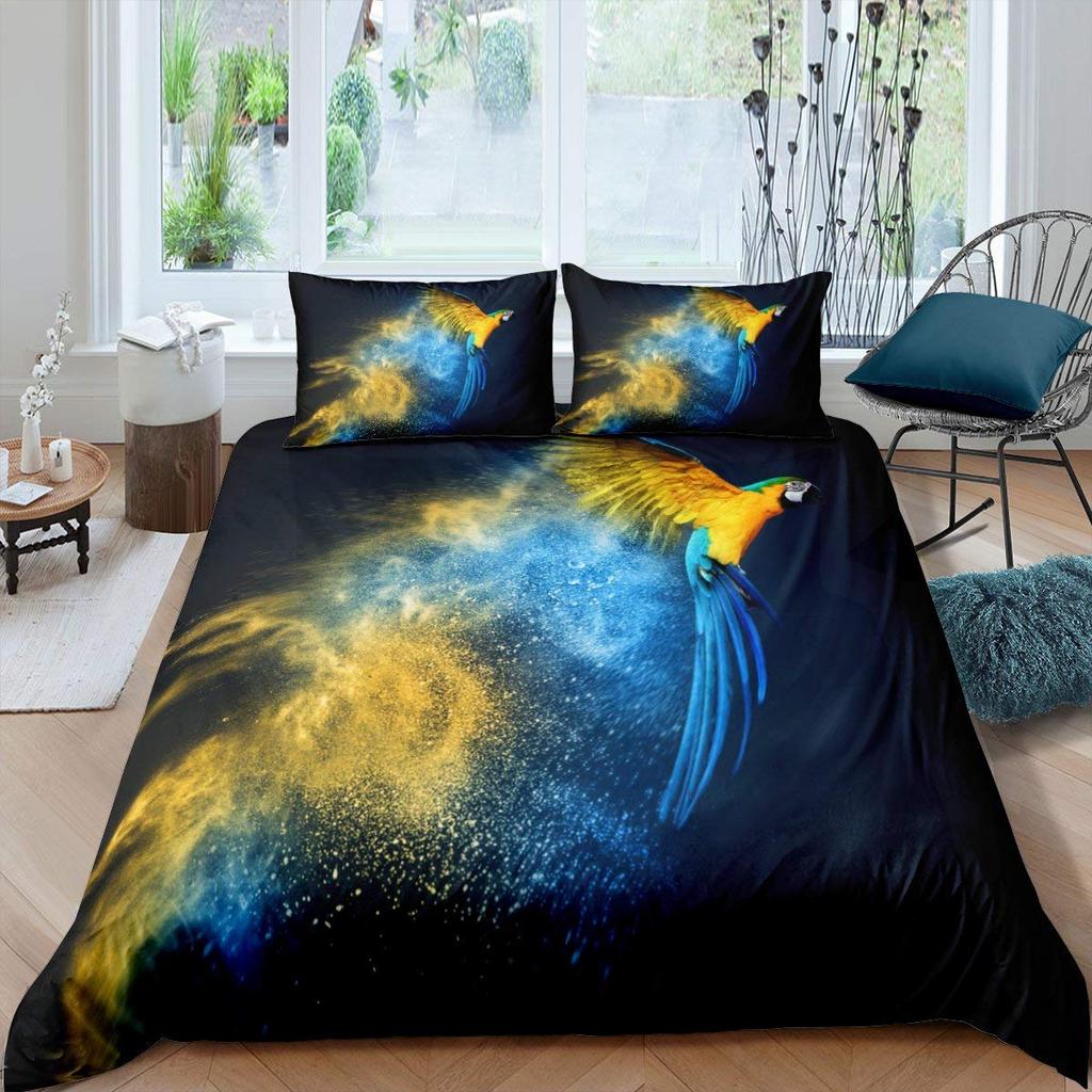 Parrot King Queen Duvet Cover Colourful Feather Bedding Set Rain Trees Bird Quilt Cover Sunset Mountain Natural Comforter Cover