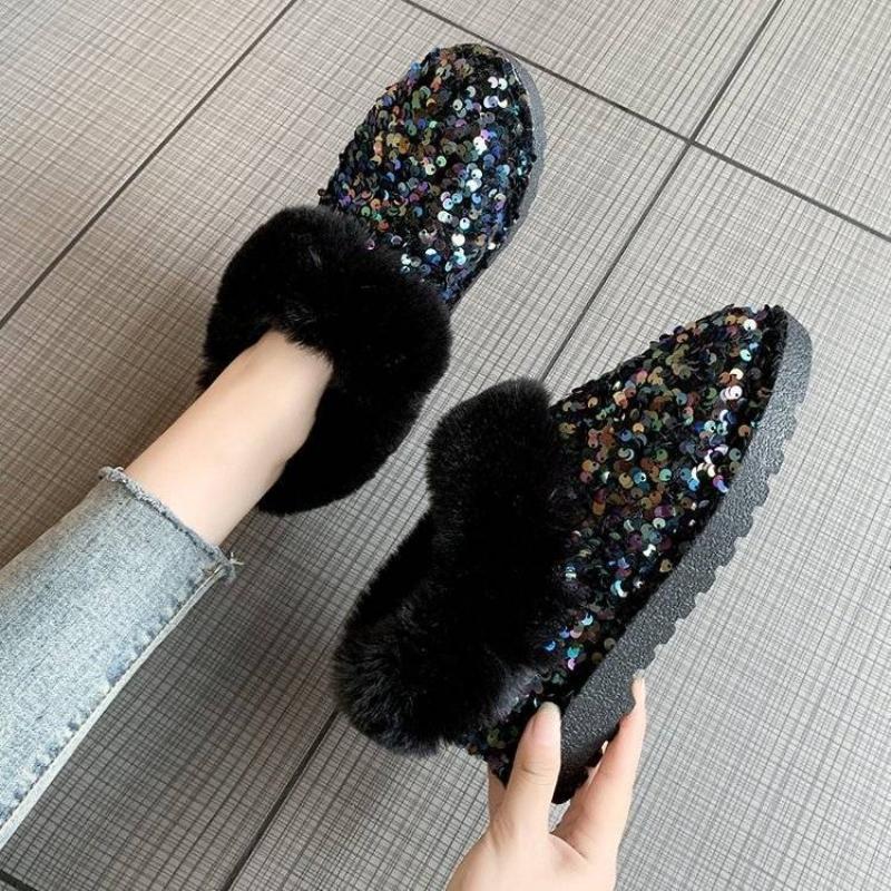 Winter Round Toe Flat Sequins Fleece-lined Woman Shoes Padded Y2k Work Furry Trend 2025 Designer Luxury Hot Snow Boots for Women