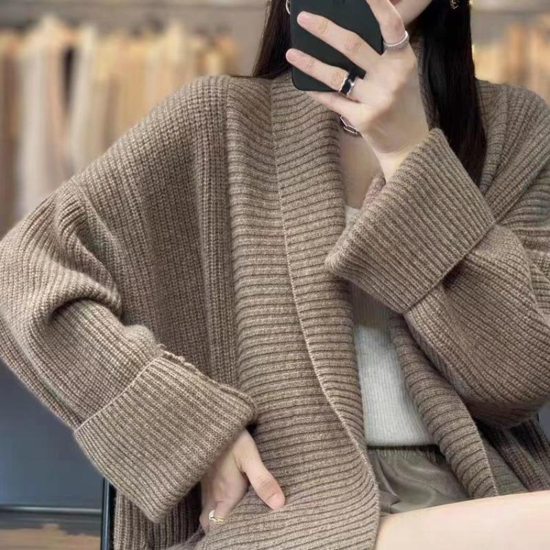 

Осень и зима новый лацкан средней длины свободный кардиган женский однотонный нежный и ленивый вязаный свитер-жакет XXXL