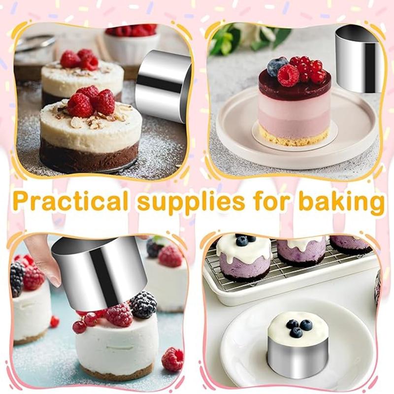 Stainless Steel Round Cake Molds 6-Pack, 7.5cm Mousse Ring Pastry Cutter with Cake Press and Lifter, Baking Ring for Dessert