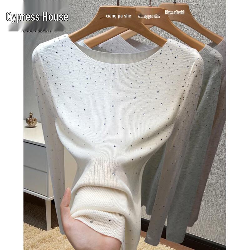 Women s Rhinestone Slim Fit Wool Blend Round Neck Knit Top One Size