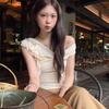 French Pure Desire Niche Design Swinging Neck Streamer Slanted Shoulder T-shirt Women's New Spring and Summer Pleated Thin Top