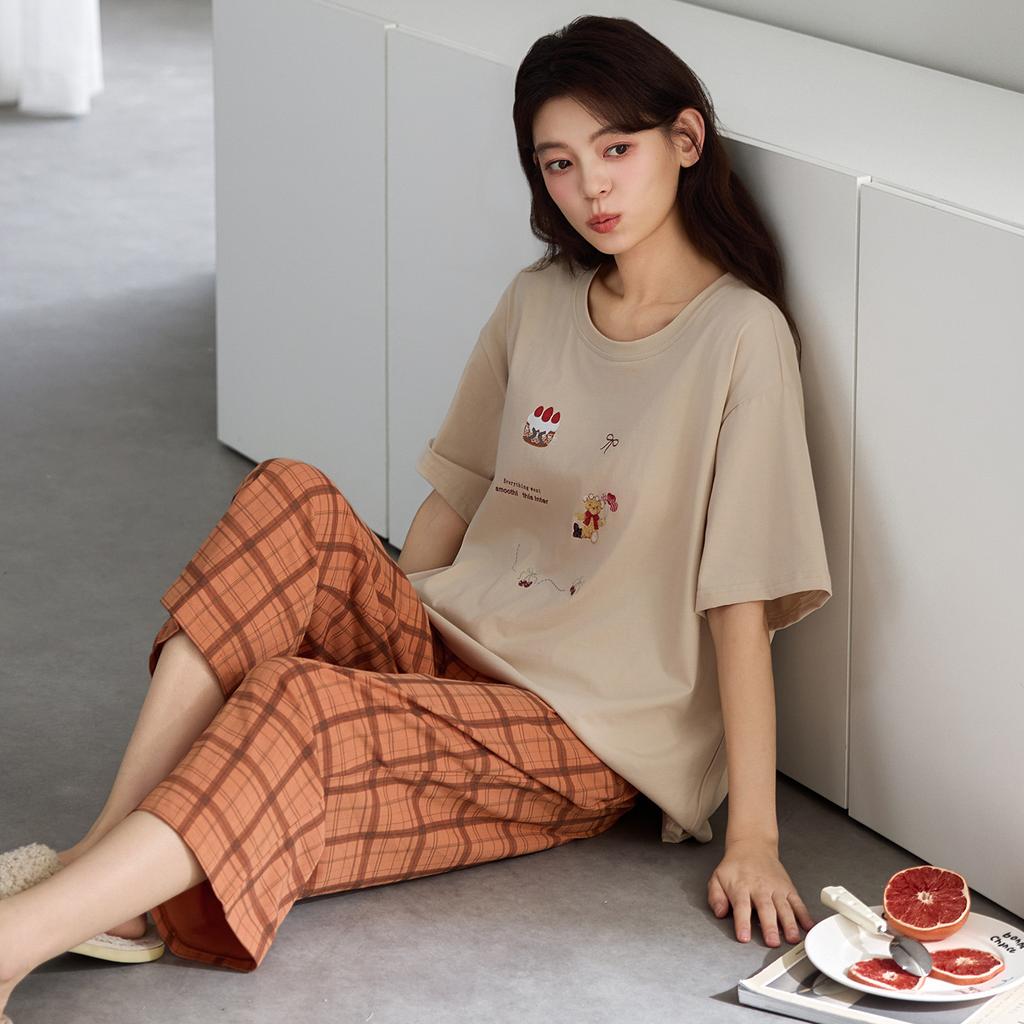 1011 new pajamas with chest pads women's summer pure cotton short-sleeved cropped pants loungewear anti-bumping outer wear pullover set