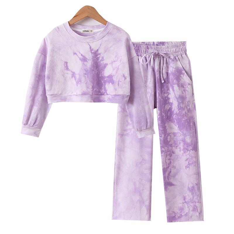 

Спортивный повседневный комплект для девочек-подростков с принтом тай-дай, короткий осенний свитшот, широкие штаны, комплект детской одежды 165 фиолетовый
