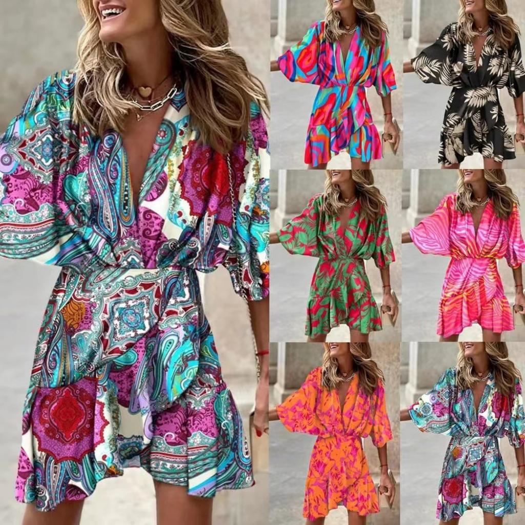 Women's V Neck Short Sleeve Midi Dress Loose Fit Casual Irregular Hem Gown