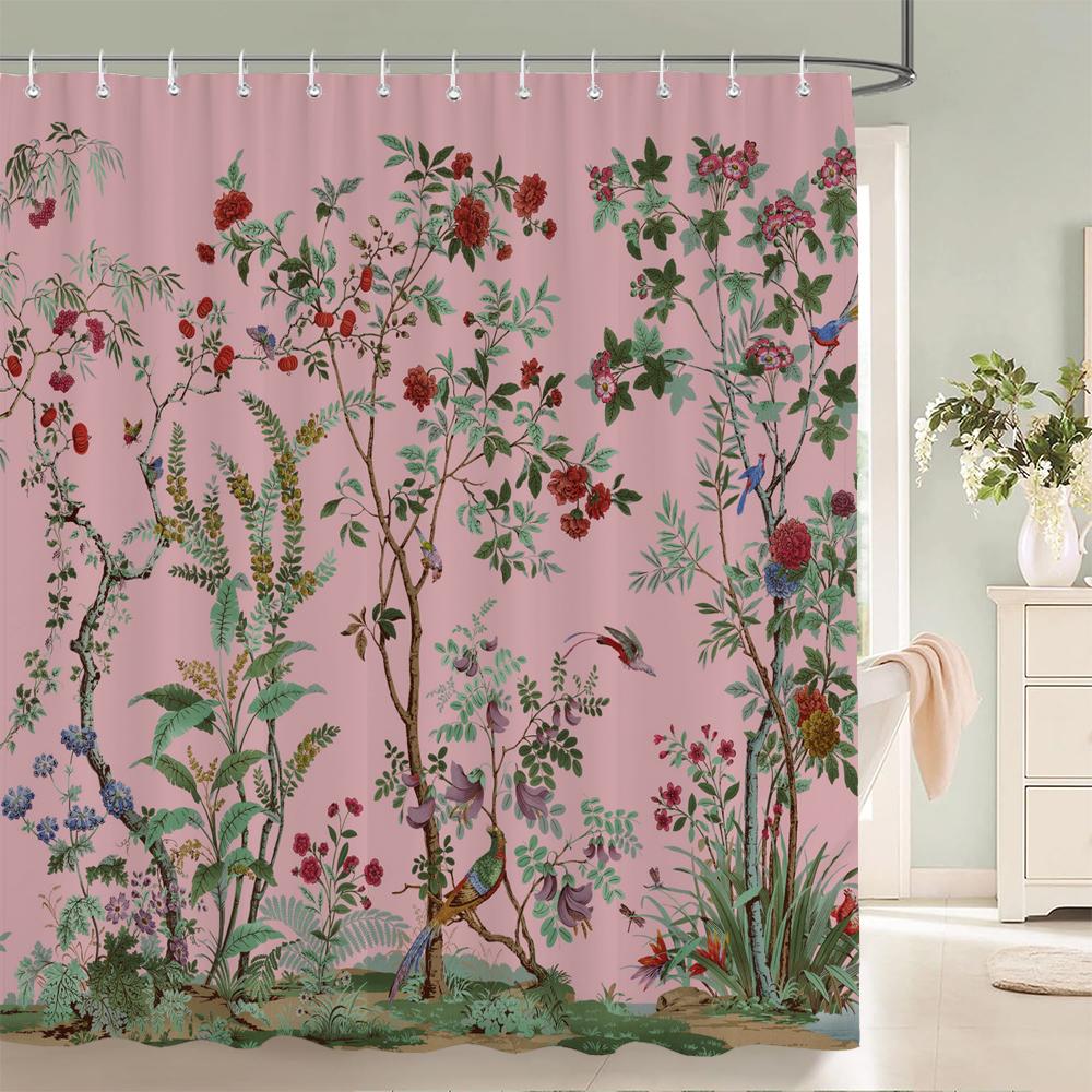 Flowers Birds Bath Curtain Waterproof Fabric Shower Curtains Floral Leaves Landscape Printing Bathroom Screen Home Decoration