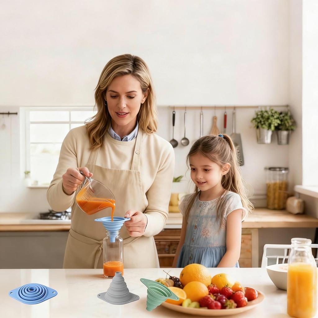 Kitchen Funnel Set 3 Pack, Collapsible Silicone Funnel for Kitchen Use, Small Funnels for Filling Bottle, Transfer Liquid, Oil and Powder, Food Grade